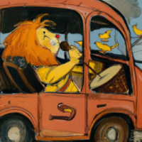 Garfield driving a school bus in a rock concert, Painting by Leonardo Da Vinci