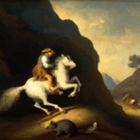 A mouse riding on a horse in a mountainside scene, Painting by Rembrandt 