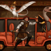 Super Mario dressed as a medieval knight riding a pterodactyl in the back of a bus, Baroque painting